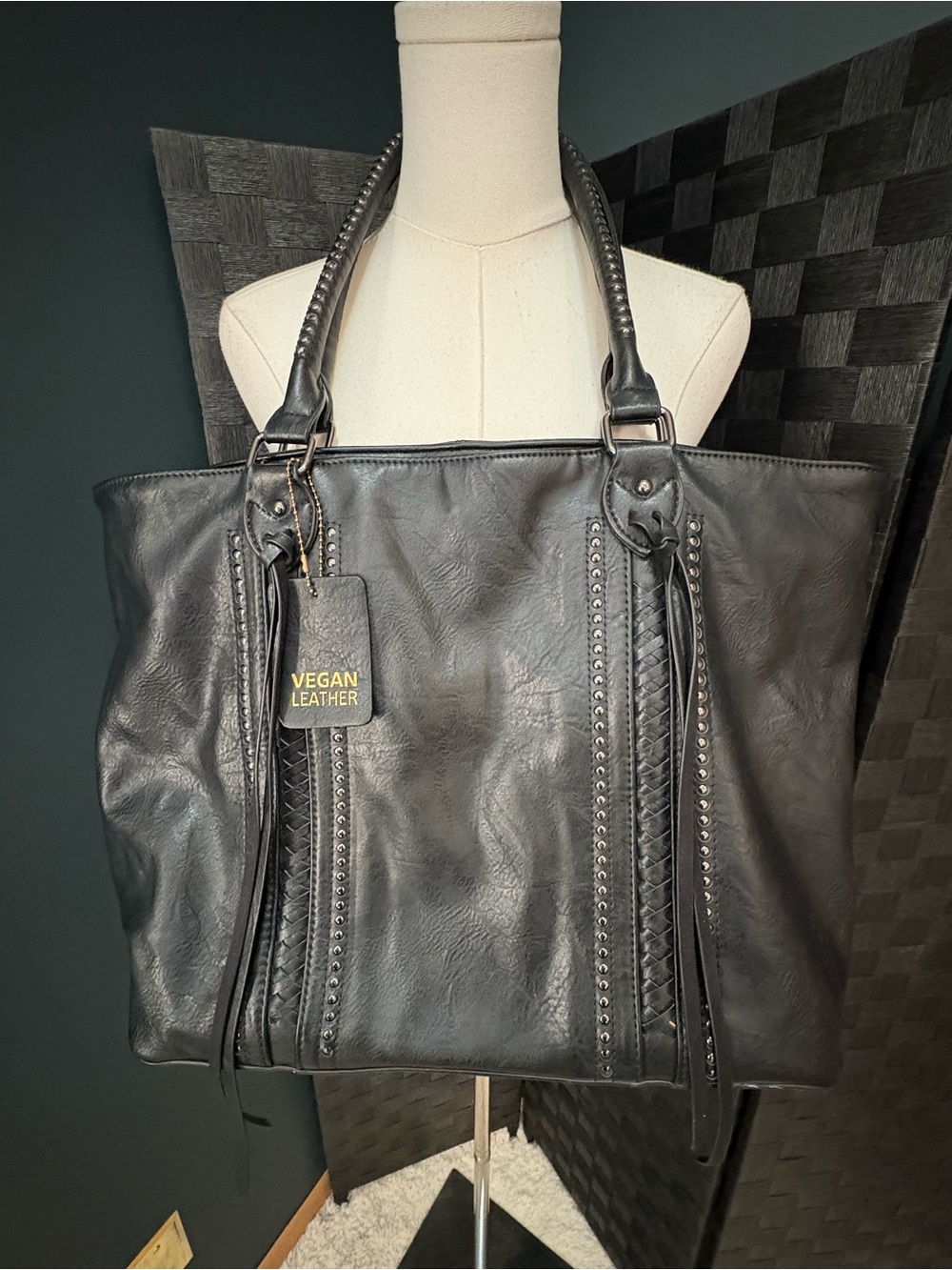 Antik Kraft Black Vegan Leather Tote Bag Studded Braided Whipstitch Boho Western